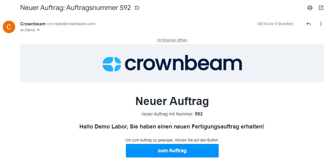 Crownbeam Email Benachrichtigung neuer Auftrag