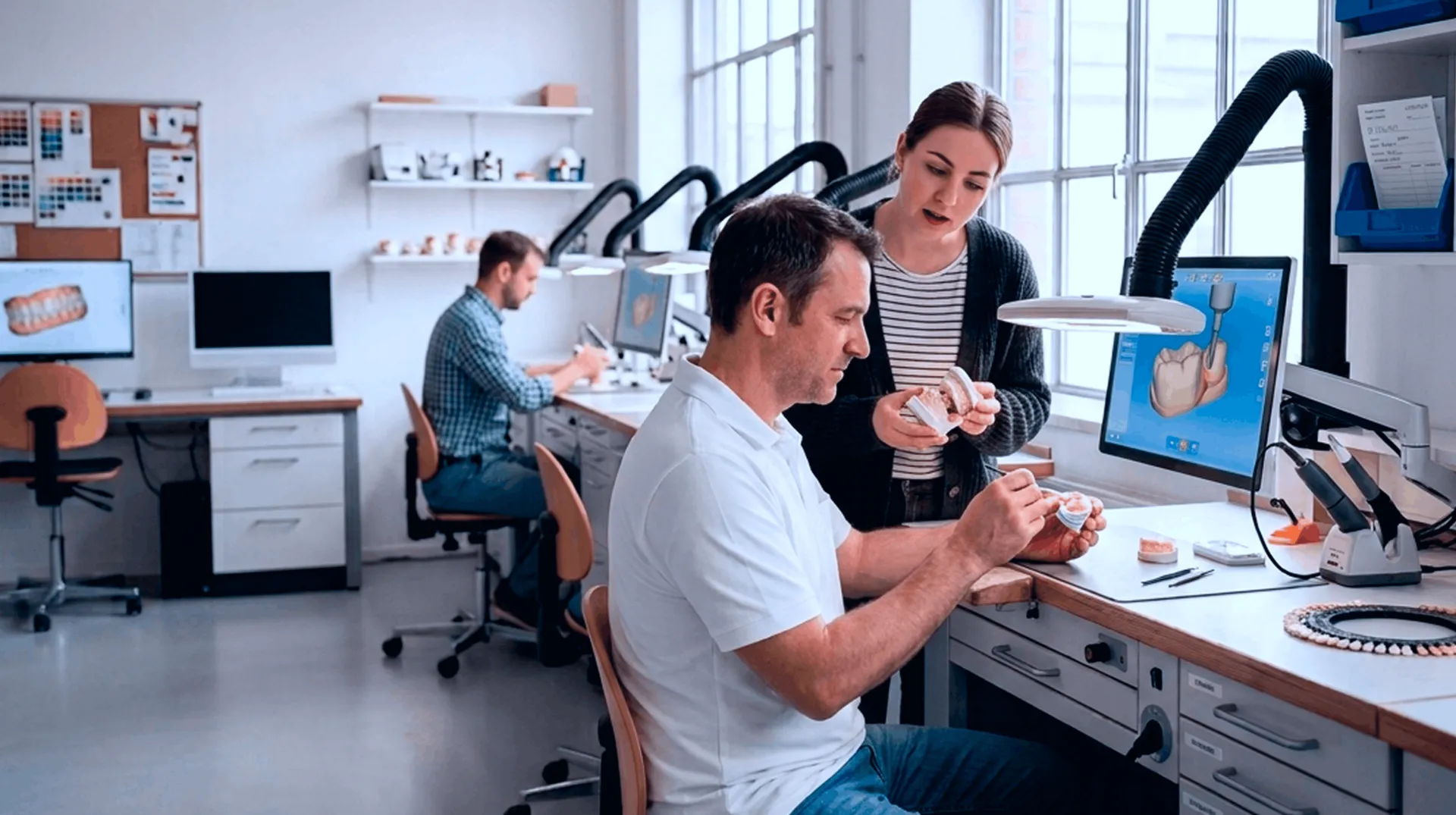 Zahntechniker im Dentallabor prüft eine Krone am Arbeitsplatz, Kollegin daneben, CAD Monitore im Hintergrund